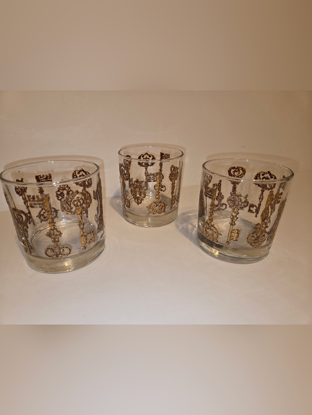 Vintage Libbey Gold Skeleton Key Whiskey Glasses Set of 3